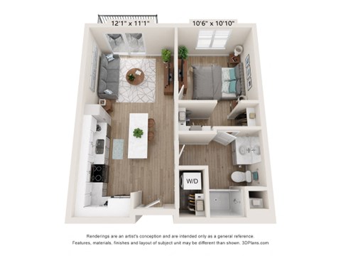Floor plan for 1 bed, 1 bath, 625 sqft